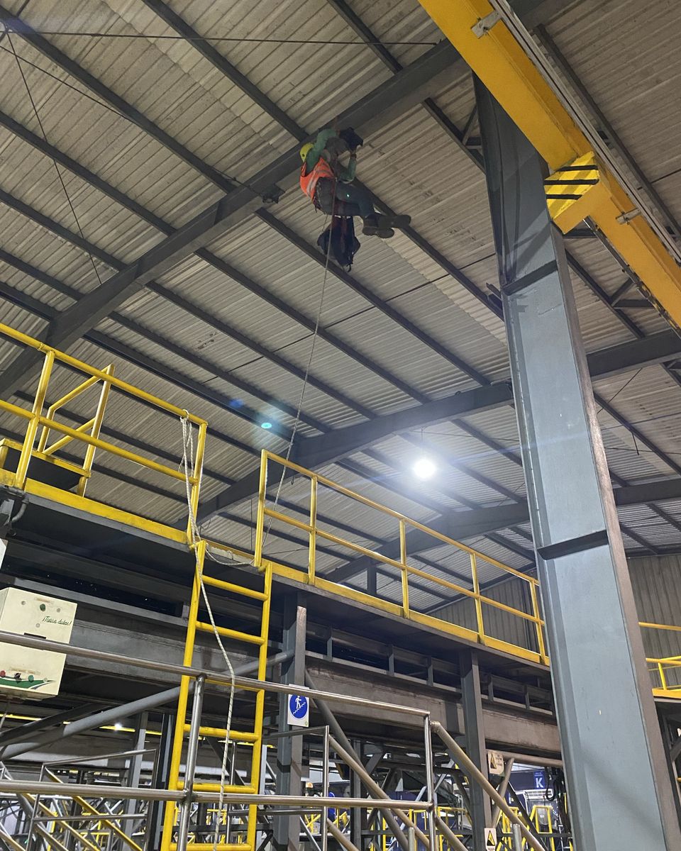 Técnico trabajando en altura dentro de una nave del ingenio
