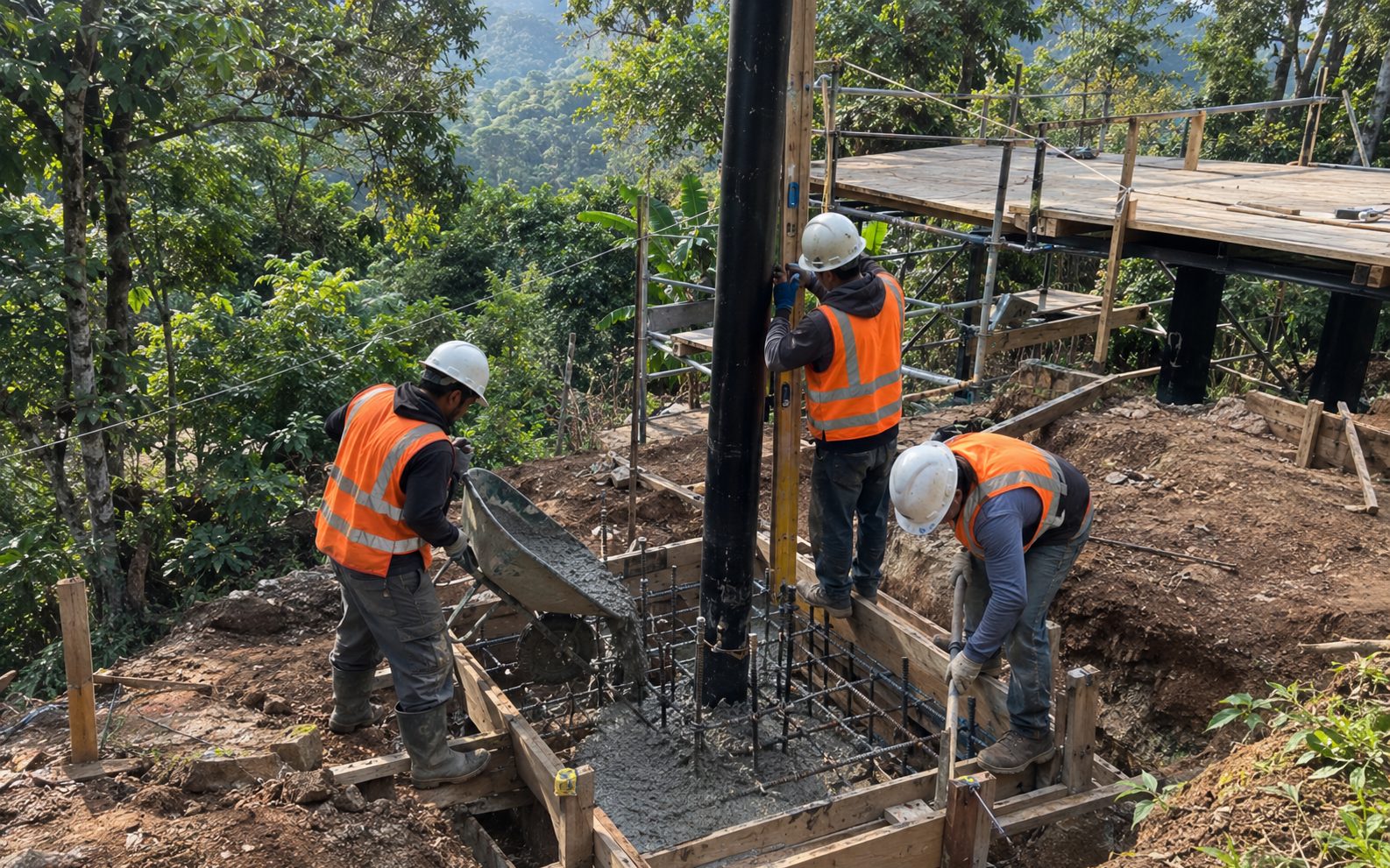 Técnicos con casco y chaleco colando la base de concreto del poste de anclaje principal de una tirolesa, entre la vegetación de una finca